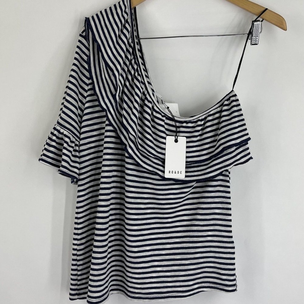NEW Ro & De One Shoulder Top‎ Womens Large Navy Blue White Striped Shirt Ruffle